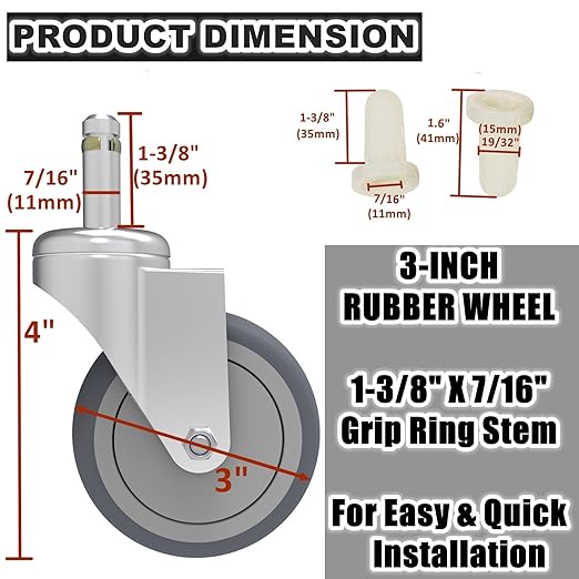 3-Inch Swivel Stem Caster, 7/16-Inch Stem Diameter Rubber Wheel, Heavy Duty TPR Replacement Wheels for Rubbermaid Mop Bucket Cart Grill Casters - 8 Pack