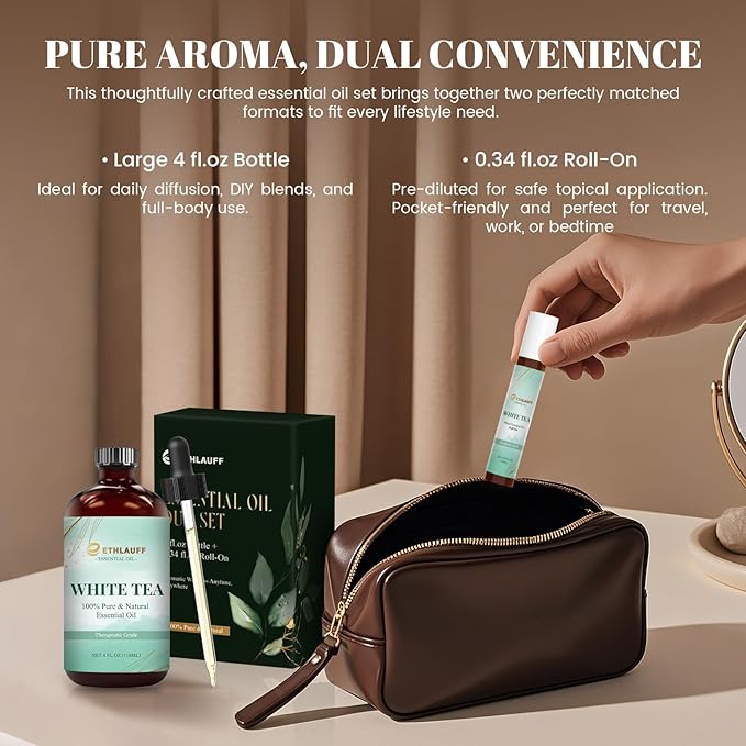 White Tea Diffuser Oil - White Tea Essential Oils for Diffuser Refill & Air Freshener Room Spray, Long-Lasting, Natural Home Fragrance and Scent for Diffusers(4 fl.oz Bottle + 0.34 fl.oz Roll-On)