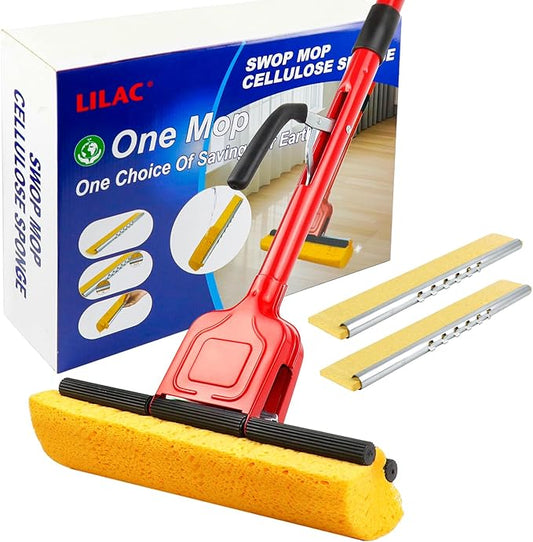 Compressed Cellulose Sponge Mop with 2 Roller swop mop Heads Suitable for Wood, Ceramic Tiles and Other Flat and Smooth Floors (1 Handle and 2 Heads)