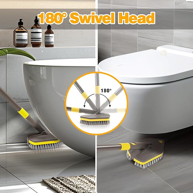 NEWE Shower Cleaner Brush, Tub Tile Scrubber with Telescopic Long Handle 56 inches, 4 Scrub Heads for Cleaning Bathroom Bathtub Floor Baseboard Sink Kitchen Toilet (Brown Yellow)
