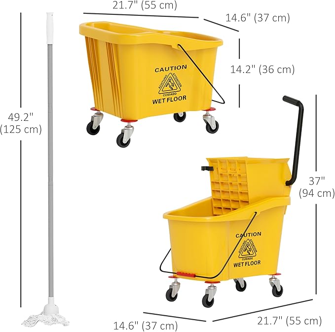 HOMCOM Mop Bucket with Wringer on Wheels for Floor Cleaning, 38 Quart Down Press Wringer with Handle and Mop, Yellow