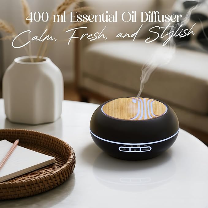SALKING Essential Oil Diffuser 400ml, Diffusers for Essential Oils with 2 Mist Mode, Aromatherapy Diffuser Cool Mist Humidifier with 7 LED Night Light, Timer & Auto-Off, Large Room Diffuser (Black)