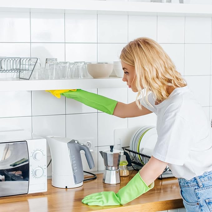 3 Pairs Rubber Cleaning Gloves Latex Free Dishwashing Gloves - 13" Reusable Nitrile Gloves Small, Green+Orange+Red