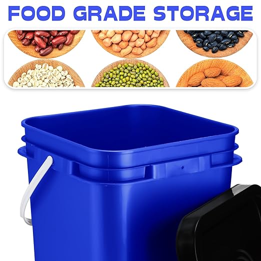 Vesici 6 Pcs 5 Gallon Food Grade Square Buckets with Lids 5 Gal Plastic Food Storage Square Bucket Heavy Duty Industrial Pail Container with DIY Label Stickers Handles for Water Painting(Blue)