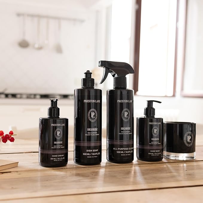 Preston Lane Signature Set, Includes All Purpose Cleaner, Dish Soap, Hand Wash, Hand Cream, & Scented Candle, Highrise