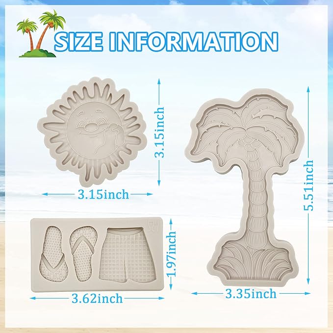 3 Pcs Hawaiian Coconut Tree Fondant Molds, Seaside Beach Sun Silicone Molds, Slipper Surf Shorts Clay Mold for Cake Decorating, Candy Chocolate Marzipan Resin Crafts, Summer Party, Halloween