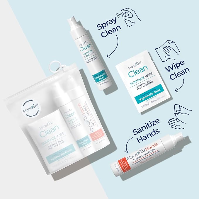 Travel Essentials | Hygiene Kit | Travel Toiletry Kit | Travel Size | Spray Hand Sanitizer Tangerine Coriander Scent | Surface Wipes | Individual Travel Wipes | Surface Cleaner | With Essential Oils