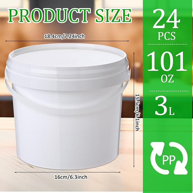 24 Pcs 101 Oz/ 3L Plastic Food Buckets with Lids and Handle 0.8 Gallon Ice Cream Buckets Round Deli Pail Container Safe Ice Cream Tubs Pack Reusable Freezer and Microwave for Juice Drinks Soup Storage