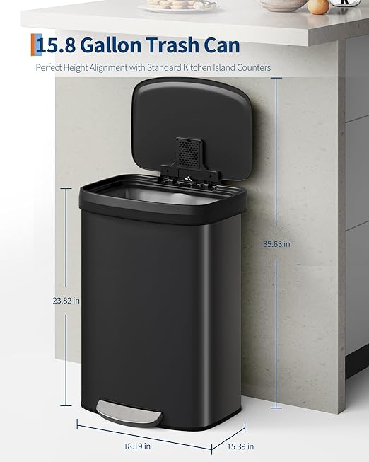 Garvee 16 Gallon / 60 Liter Metal Trash Can with Lid, Large Garbage Can for Kitchen, Rustproof Step-on Kitchen Metal Trash Bin with Liner Rim, Rear Handle, Soft Close Plastic Lid, Black