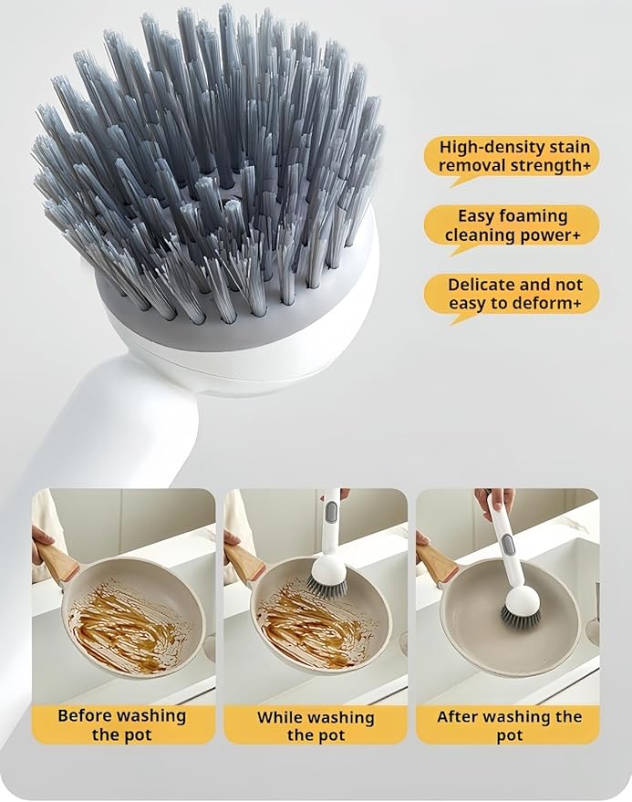 Adjustable Dish Brush with Soap Dispenser, Non-Scratch PET Bristles, Ergonomic Handle, Kitchen Cleaning Tool for Pots, Pans & Sink (Yellow, Combination Style (1 Long + 1 Short))