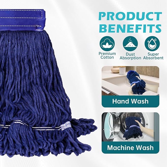 3 Pack Heavy Duty Mop Head Replacement, Blue, Cotton, Floor, Wet Mops