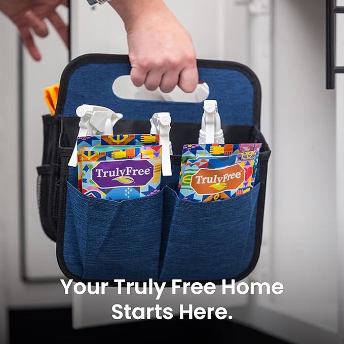 Truly Free Cleaning Caddy - Durable Organizer w/Handle for Cleaning Supplies, Storage for Kitchen & Bathroom Essentials, Multiple Compartments - Fits 6 Spray Bottles, 2 Squirt Bottles, Refill Pouches