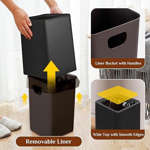 2 Pack Square Modern Trash Can Bedroom, 3Gal/12L Bathroom Trash Can Hidden Bag, Open Top Trash Bin Square Plastic, Minimalist Black Garbage Can with Inner Bucket (with 2 Handles) for Kitchen Office