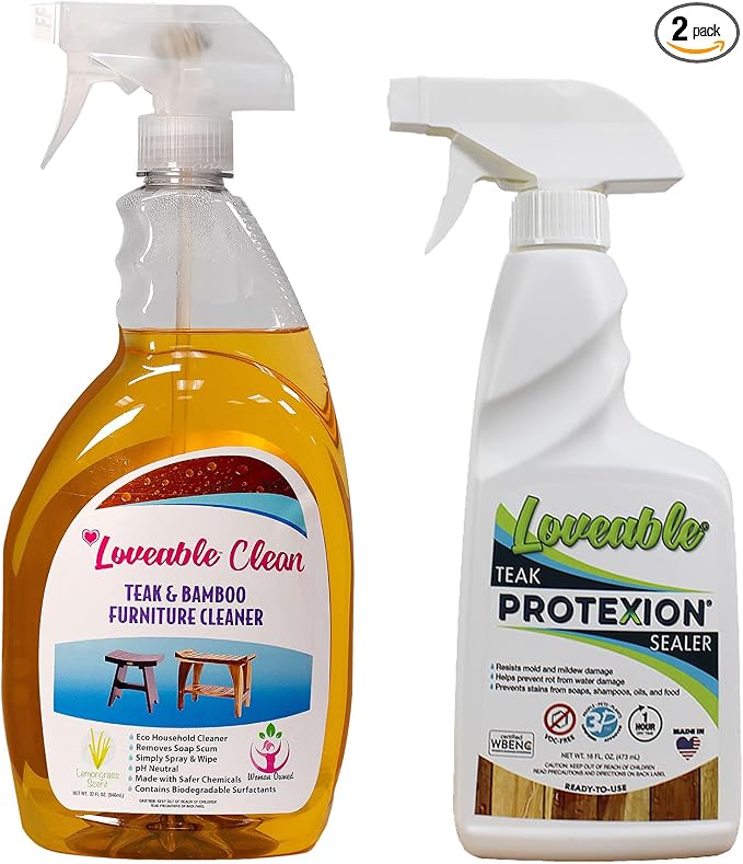 EcoDecors Loveable 32 oz Spray Bottle Teak Cleaner and Loveable Protection 16 oz Teak Sealer For Outdoor Furniture