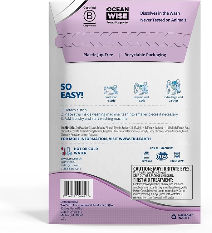 Tru Earth Platinum - Heavy Duty Laundry Detergent Sheets - Up to 128 Loads (64 Count), Lilac Breeze Scent - Ultra-Concentrated Strips Formula - Eco-Friendly Travel Laundry Sheets