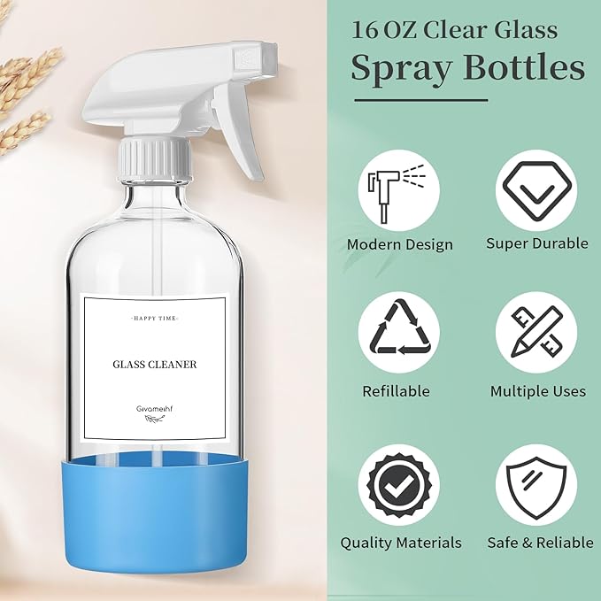 4 Pack Glass Spray Bottles with Silicone Sleeve,16oz Clear Glass Spray Bottles Refillable Empty Bottle with Adjustable Nozzle,Spray Bottle for Cleaning Solutions,Essential Oils,Pets,Hair