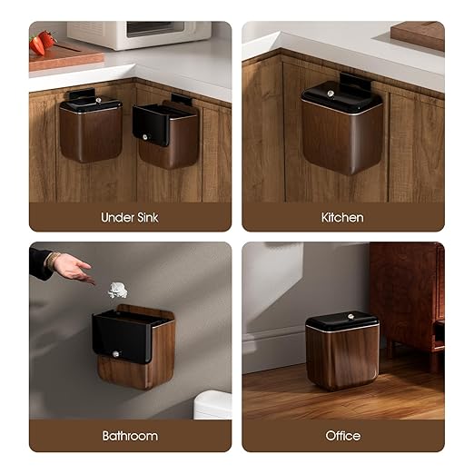 Vintage Kitchen Trash Can with Lid, Large 3.2 Gallon/12 Liter Capacity, Hanging Compost Bin, for Under Sink or Cupboard, Bathroom, Bedroom, Walnut Color