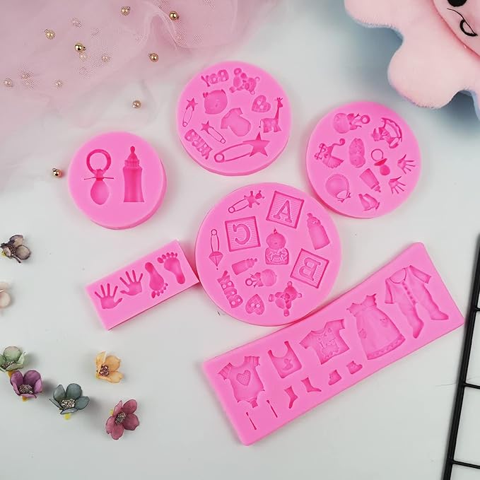Baby Silicone Fondant Mold, Baby Shower Themed Cake Fondant Molds, Baby Birthday Party Baking Mold Cake Moulds Tools Gender Reveal Party Gummy for Sugar Chocolate Candy Clay Cupcake Topper Decoration