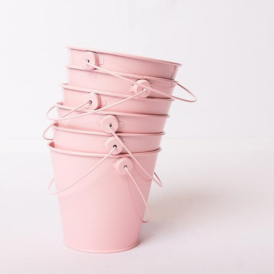 Small Metal Buckets with Handles - Leak-Proof Metal Pail Bucket - Galvanized Bucket with Handle - Multipurpose Tin Bucket for Party Favors, Organization, School, Weddings, Garden - Set of 6, Pink