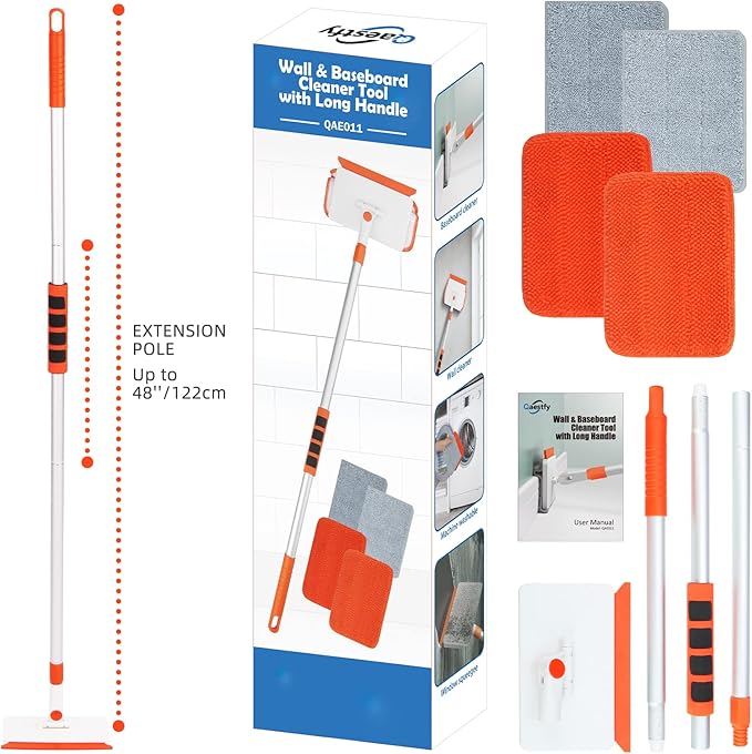 Qaestfy Wall & Baseboard Cleaner Mop Tool with 49'' Long Handle for Cleaning Window Floor Skirting Board Ceiling Bathtub Tub Tile Scrubber Brush Duster with 4 Reusable Pads