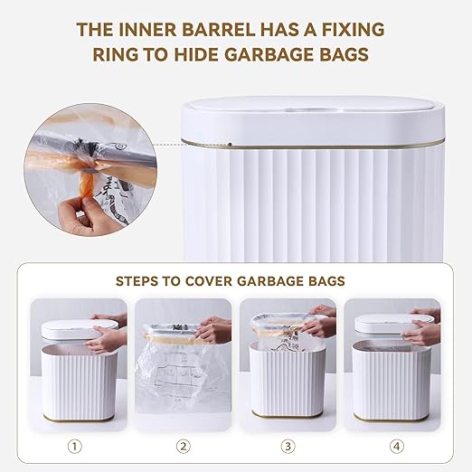 ELPHECO Bathroom Trash Can with lid 2.5 Gallon Waterproof Motion Sensor Wastebasket, Automatic Trash Bin Bathroom Decor for Bedroom and Office White with Golden Trim