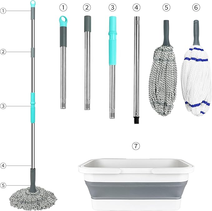 Self Wringing Mop with Bucket- Easy Squeeze Twist Mop with 52.5 Inch Long Handle, Heavy Duty for Hardwood, Tile, Vinyl & Laminate Floors (Gray+White)