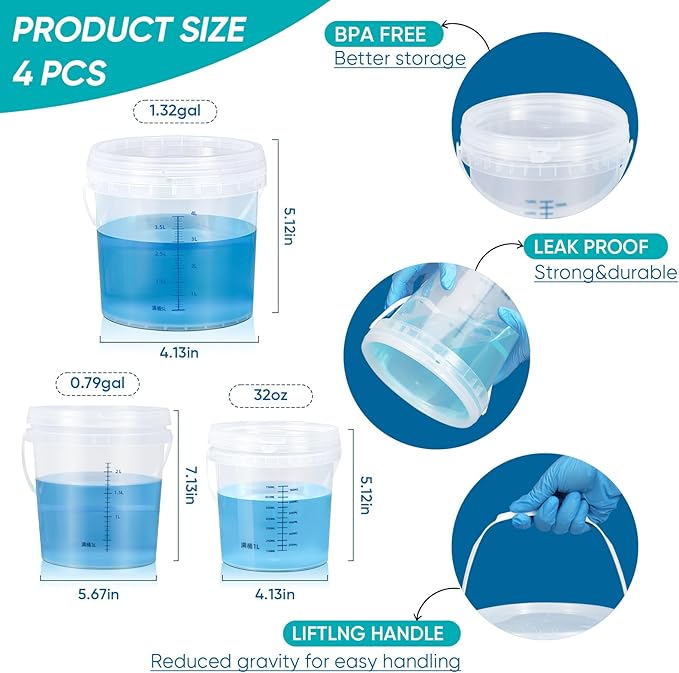 ASEVAT 4Pack Clear Bucket Graduated Pail Container with Lid, Food Grade Buckets, Cleaning Containers Plastic Pails Extra Durable Handles with Grip for Easy Carrying