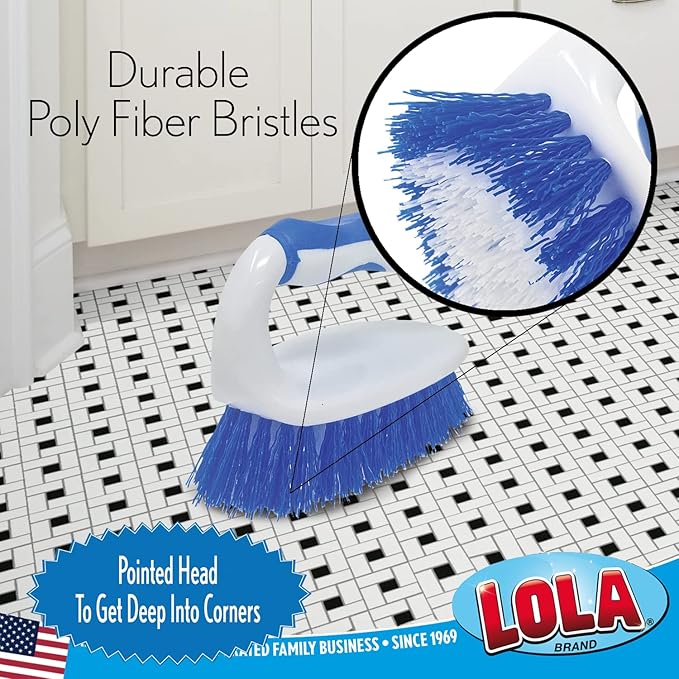 LOLA Iron Shaped Handled Scrub Brush, Ergonomic Handle, No Slip Grip, Fiber Bristles, Heavy Duty Tile & Floor Cleaner, 1 Pack