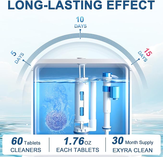 Automatic Toilet Bowl Cleaner Tablets Blue Gel Toilet Tank Cleaners, Septic-Safe Hard Water Ring Stain Remover, Prevent Stain Build Up Bathroom Cleaning & Deodorizer - 60 Tabs