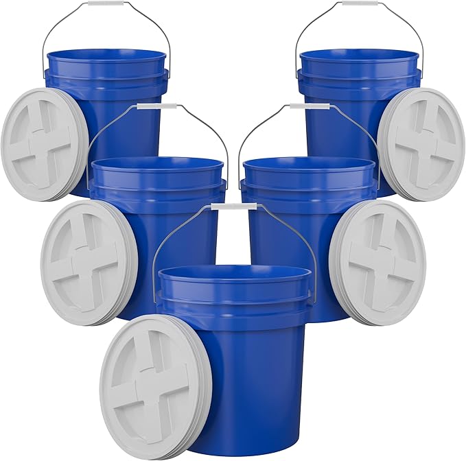 5-Gallon Dark Blue Bucket Pail with Gamma Seal Screw on Airtight Lid, Metal Handles with Plastic Grip for Easy Carrying, Stack and Store, Heavy-Duty 90MIL Extra Durable, Food Grade, BPA Free - 5 Pack