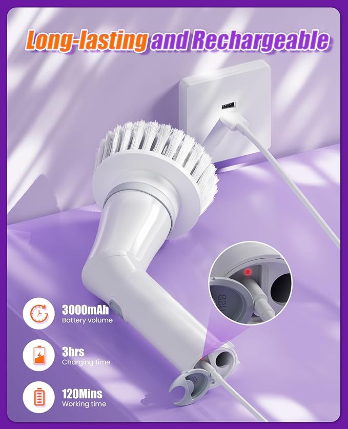 NBONEBS Electric Spin Scrubber, Cordless Shower Scrubber Rotary Floor Brushes & Pad Drivers with 6 Brush Heads - 2H Dual Speed, IPX7 Waterproof Extension Handle for Bathroom Tile Car Cleaning (White)