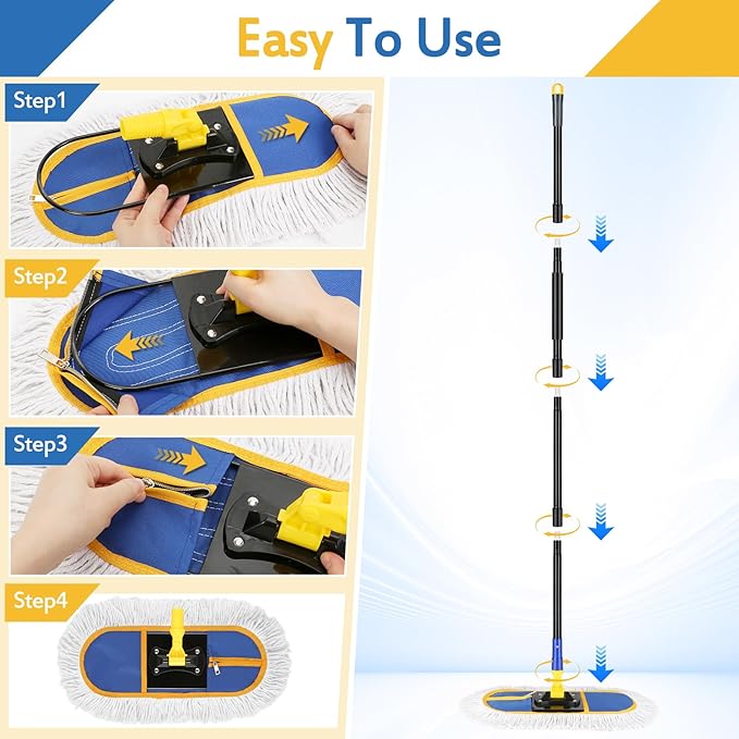 16 Inch Commercial Dust Mop for Floor Cleaning - Industrial Wet Dry Broom with 2 Washable Mops Pads for Hardwood Vinyl Laminate Floors Warehouse Courtyard Cleaning,Blue