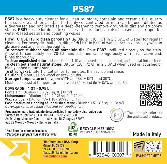 FILA Heavy Duty Cleaner PS87 1 QT, Stain Remover Grease, Coffee, Wine, Wax, Ink, Hard Surface Floor Cleaner, ideal for Natural Stone, Terracotta, Quarry Tile, Concrete, Porcelain And Ceramic Tile