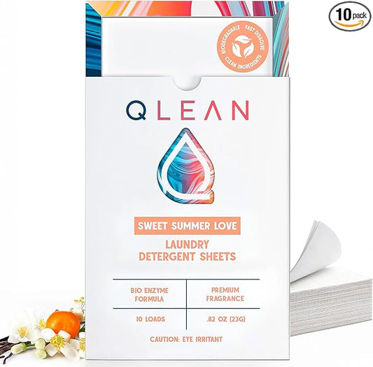 QLEAN Laundry Detergent Sheets (Travel Size 10 Loads) – Travel Laundry Detergent Sheets, Eco-Friendly Laundry Soap, HE & Standard Washer Safe, Stain Remover, Skin-Friendly - Sweet Summer Love