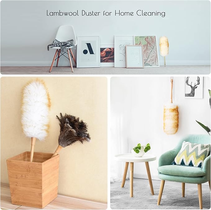 Lambswool Duster 14'' Length Solid Wooden Handle Leather Hang Strap for Cleaning Ceiling Fans Window Blinds Computer Furniture Figurines TV Natural Feather Duster,Brown