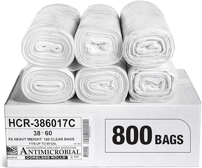 Aluf Plastics High Density Trash Bags, 60 Gallon, 800 Count, 17 Micron (eq), 38" x 60", Clear, for Bathroom, Office, Industrial, Commercial, Janitorial, Municipal, Recycling