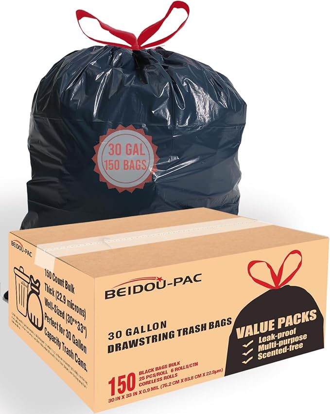 30 Gallon Trash Bags Drawstring, 150 Count Bulk, Black | Unscented | Heavy Duty Multi-purpose Garbage Bags Can Liners for Business Home Kitchen Commercial and Industrial
