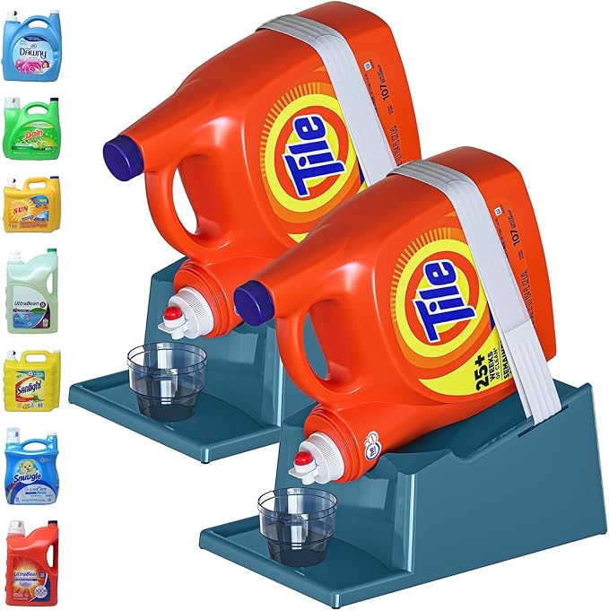 TidyFriend 2 Pack Liquid Laundry Detergent Holder Stand with Drip Tray & Rubber-Grip Feet, Stand for Laundry Room Organization and Storage, Fabric Softener Dispenser with Cup Holder (Slate Grey)
