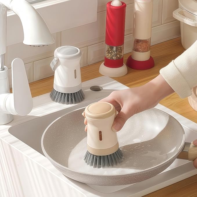 Adjustable Dish Brush with Soap Dispenser, Non-Scratch PET Bristles, Ergonomic Handle, Kitchen Cleaning Tool for Pots, Pans & Sink (Grey, Combination Style (1 Long + 1 Short))