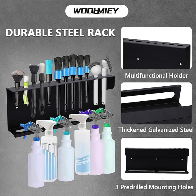 Wall Mounted Spray Bottle Holder and Detailing Brush Rack, Car Detailing Organizer with 12 Brush Slots and 2 Spray Bottle Holders, Garage Wall Organizer Tool Storage Rack for Auto Detailing