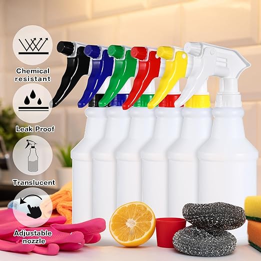 Yinder 18 Pcs 16 Oz Plastic Spray Bottle Bulk Empty Refillable Spray Bottles for Cleaning Solution Leak Proof Water Sprayer with Adjustable Nozzle Mist/Stream Mode(Red,Blue,Green,Yellow,Whtie,Black)