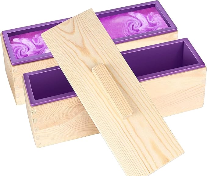 ZOENHOU 2 PCS 42oz Purple Soap Molds with 2 Lids, Flexible Rectangular Silicone Soap Making Molds Kit with Wood Box, DIY Tool Set for Soap Making Supplies…