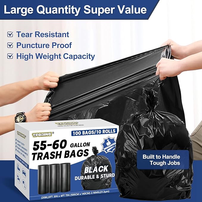 55-60 Gallon Trash Bags Heavy Duty 2.1 Mil - 39''x55'' 100 Count Extra Thick Black Garbage Bags Unscented Strong Huge Can Liners for Construction Industrial Yard Outdoor Commercial