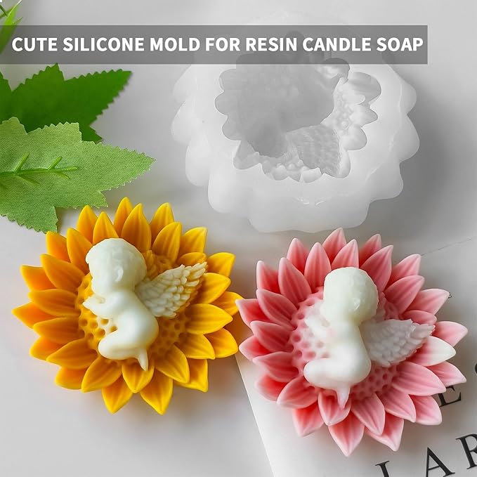 3D Flower Silicone Candle Soap Molds, Angle Baby Sunflower Shape Fondant Chocolate Cake Decoration Mold, Epoxy Resin Casting Wax Concrete Polymer Clay Mold for Craft Baby Shower Wedding Decor