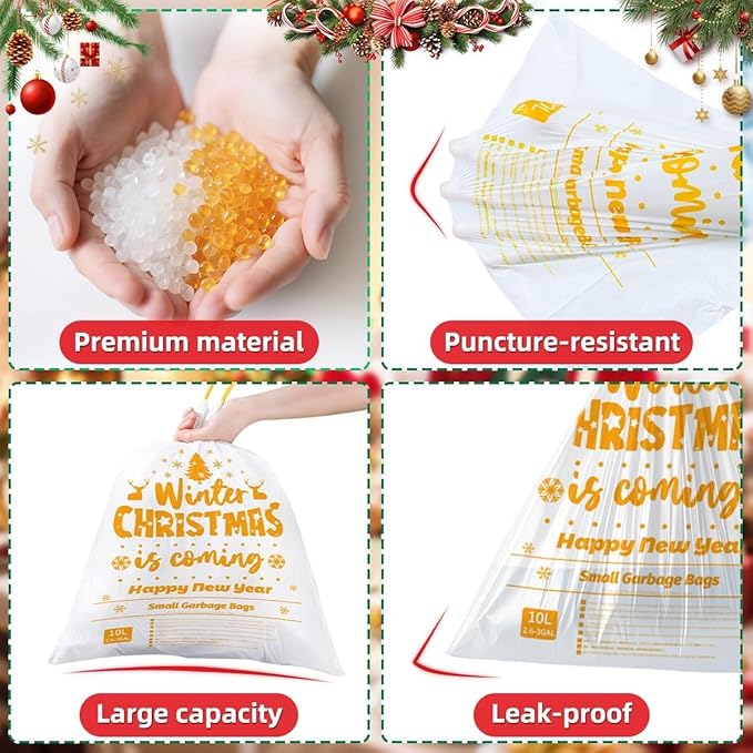 3 Gallon Christmas Drawstring Trash Bags – 50 Count Small Christmas Printed Garbage Bags, Festive Printed Waste Bin Liners, Holiday Christmas Supplies for Bathroom, Party Cleanup, Gold