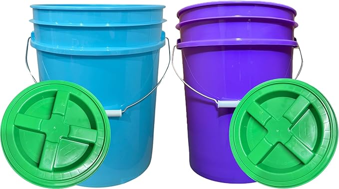 House Naturals Food Grade 5 Gallon Made in USA Plastic Bucket with Air Tight Screw on Lid (Pack of 2) (Aqua and Purple-Green HN Lid)