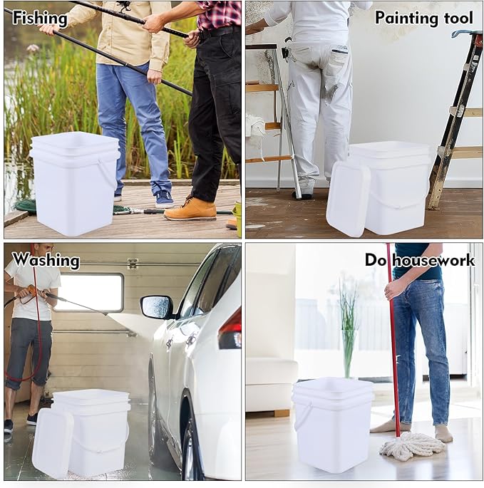 5 Gallon Plastic Bucket with Airtight Lid, BPA-Free Food Grade Bucket, All Purpose Pail, White, 4 Count