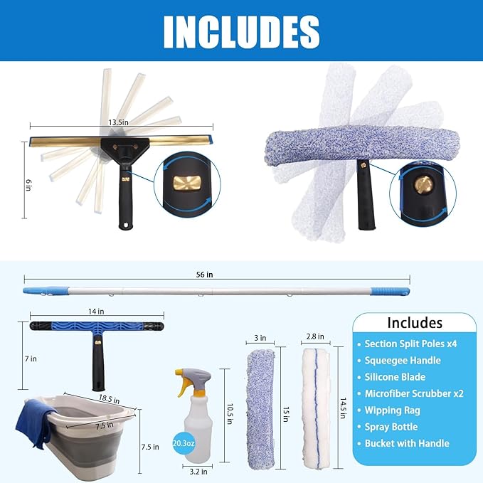 Pro Window Cleaning Kit with Storage Bucket, with 4 13 inch Extension Rods, Scrubber, Spray Bottle, Rag and Scraper with Rotating Head - Car/Home Glass Cleaning System