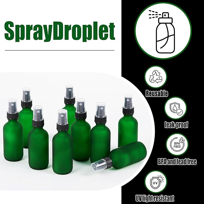 2 oz Glass Spray Bottles, Reusable Fine Mist Sprayer Small Spray Bottle, Preety Frosted Texture, Leak-Proof Design, Perfect for Travel, Skin Care, Perfumes (Green-Frosted, 2oz-12pcs)