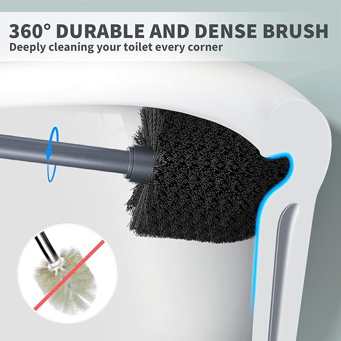 Toilet Brush and Holder 2 Pack, Toilet Bowl Brush with Extra Long Handle, Toilet Scrubber and Covered Holder, Toilet Brushes for Bathroom-Space Saving, Covered Brush, Durable, Deep Cleaning(Grey)
